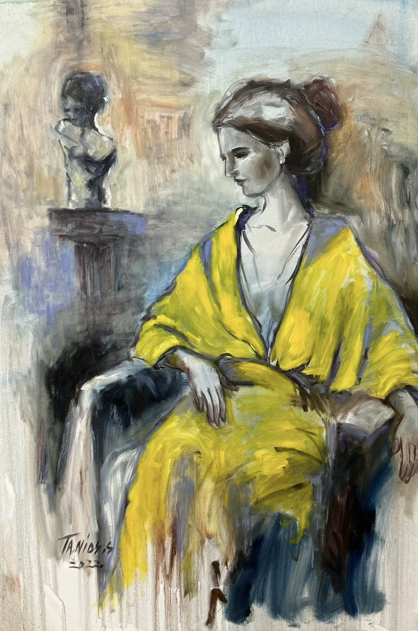 Seated woman in a yellow dress before a bust on a plinth, oil on canvas by Sonya Tanios