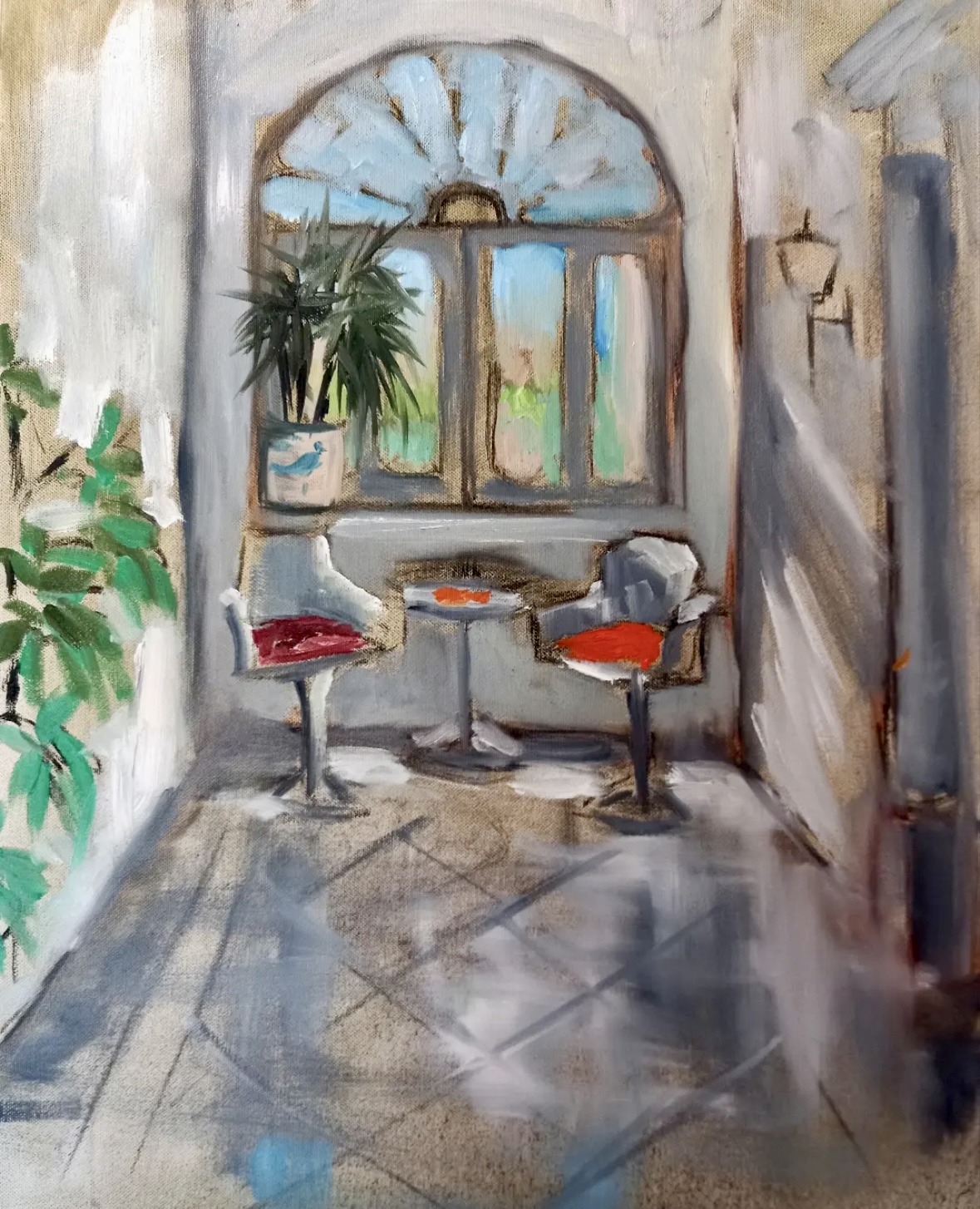 Two chairs and a small table before an arched fanlight window, oil on canvas by Sonya Tanios