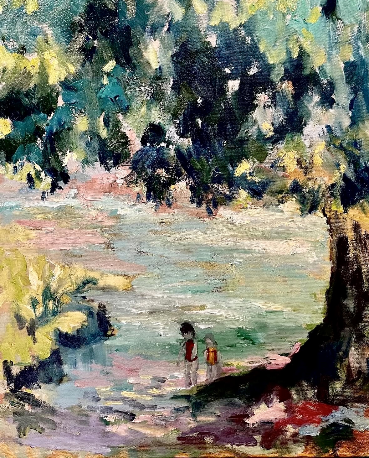 Two children at a riverbank under trees, oil on canvas by Sonya Tanios