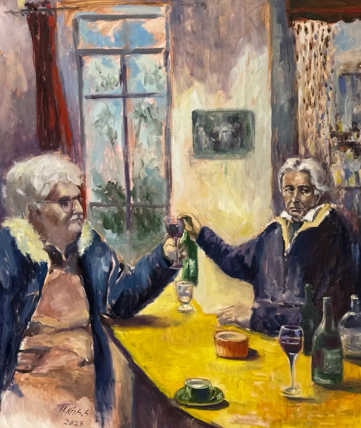 Two figures toasting with red wine across a yellow café table, oil on canvas by Sonya Tanios