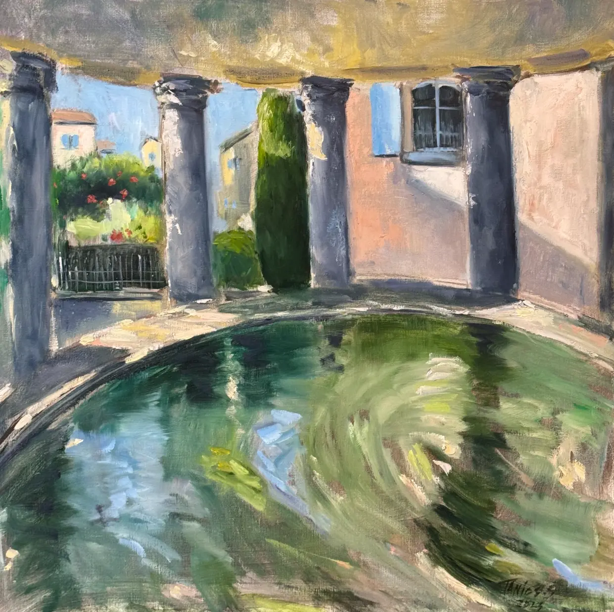 Shaded stone basin with columns and green water, oil on canvas by Sonya Tanios