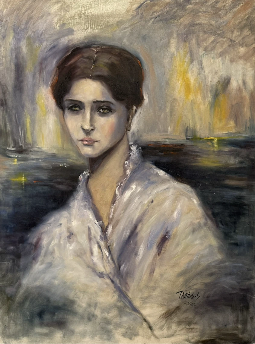 Frontal portrait of a young woman in white before a harbour at dusk, oil on canvas by Sonya Tanios