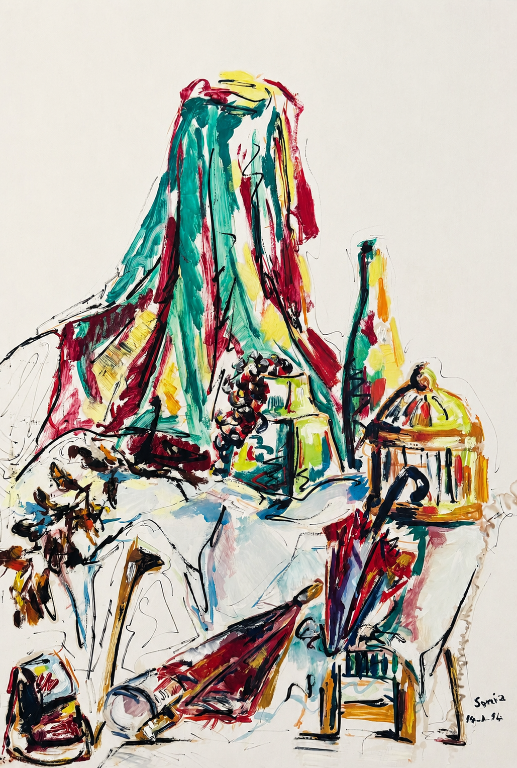 Untitled (Still Life) — gestural still life with striped tent, grapes, bottle and umbrella, oil on canvas by Sonya Tanios