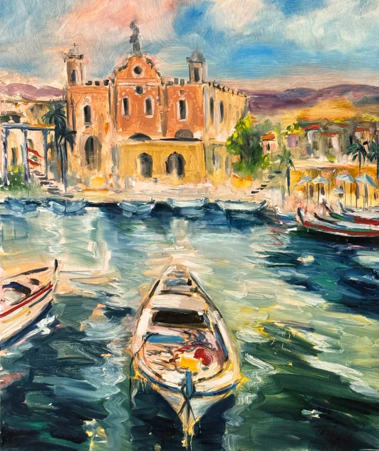 Mediterranean harbour with moored boats before an ochre church, oil on canvas by Sonya Tanios
