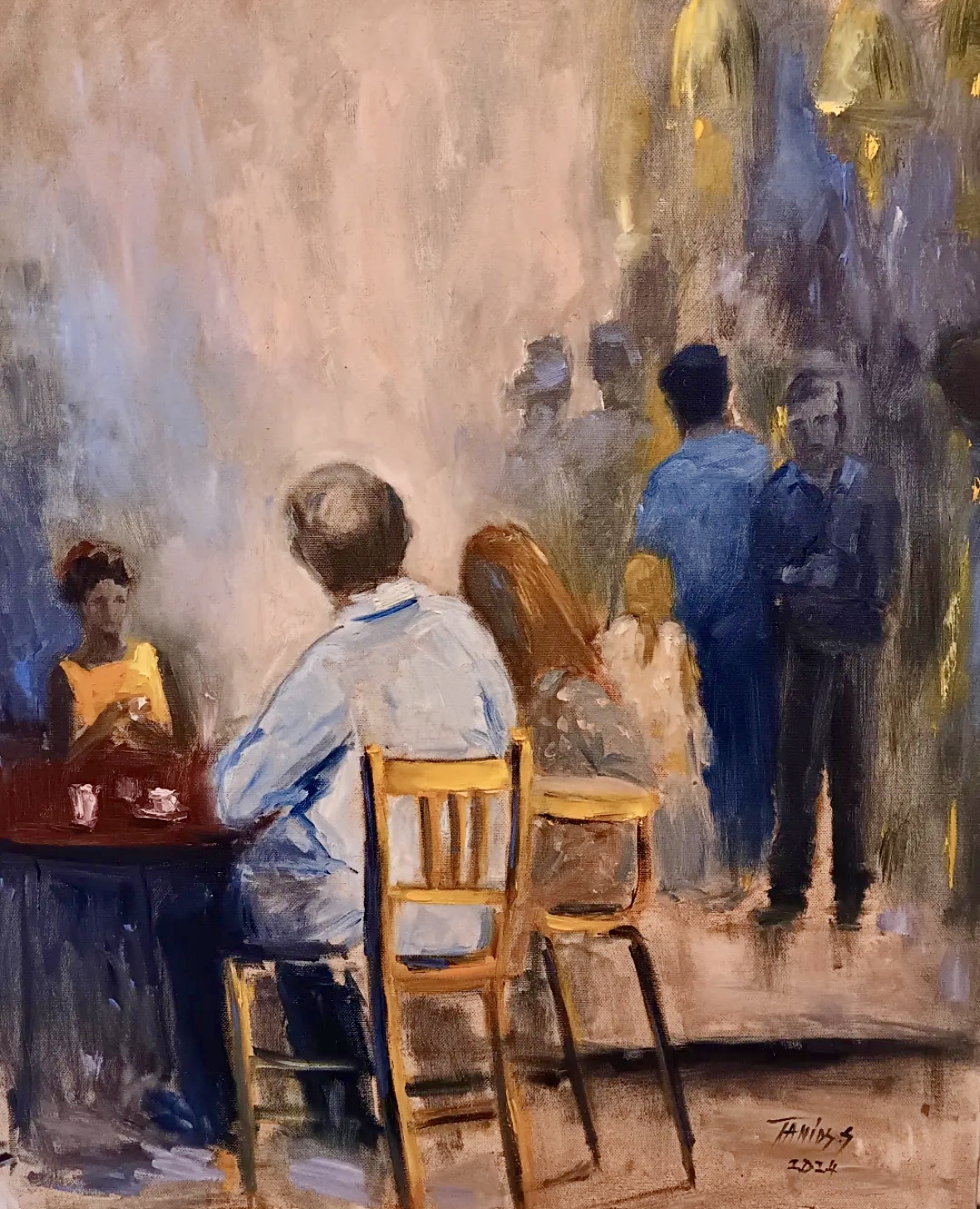 Figures seated and standing in a lit café interior, oil on canvas by Sonya Tanios