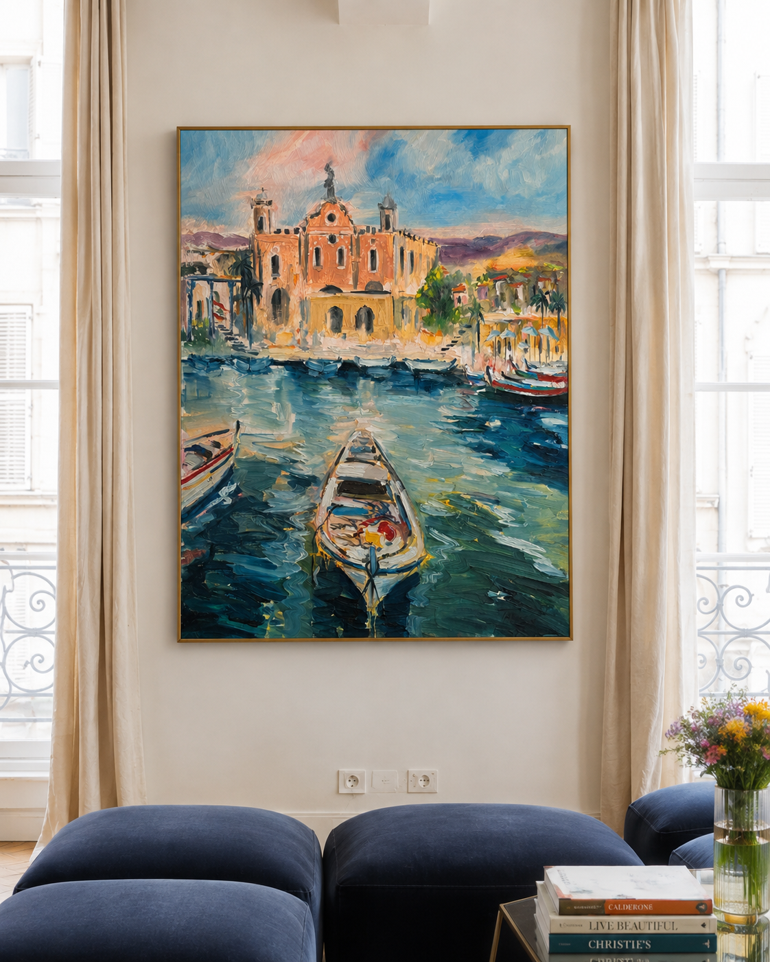 Le port accrochée entre deux fenêtres au-dessus d'une table basse