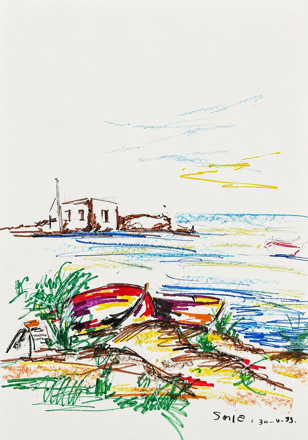 Untitled (Port) — gestural coastal scene with beached boats and a building on a rocky outcrop, oil on canvas by Sonya Tanios