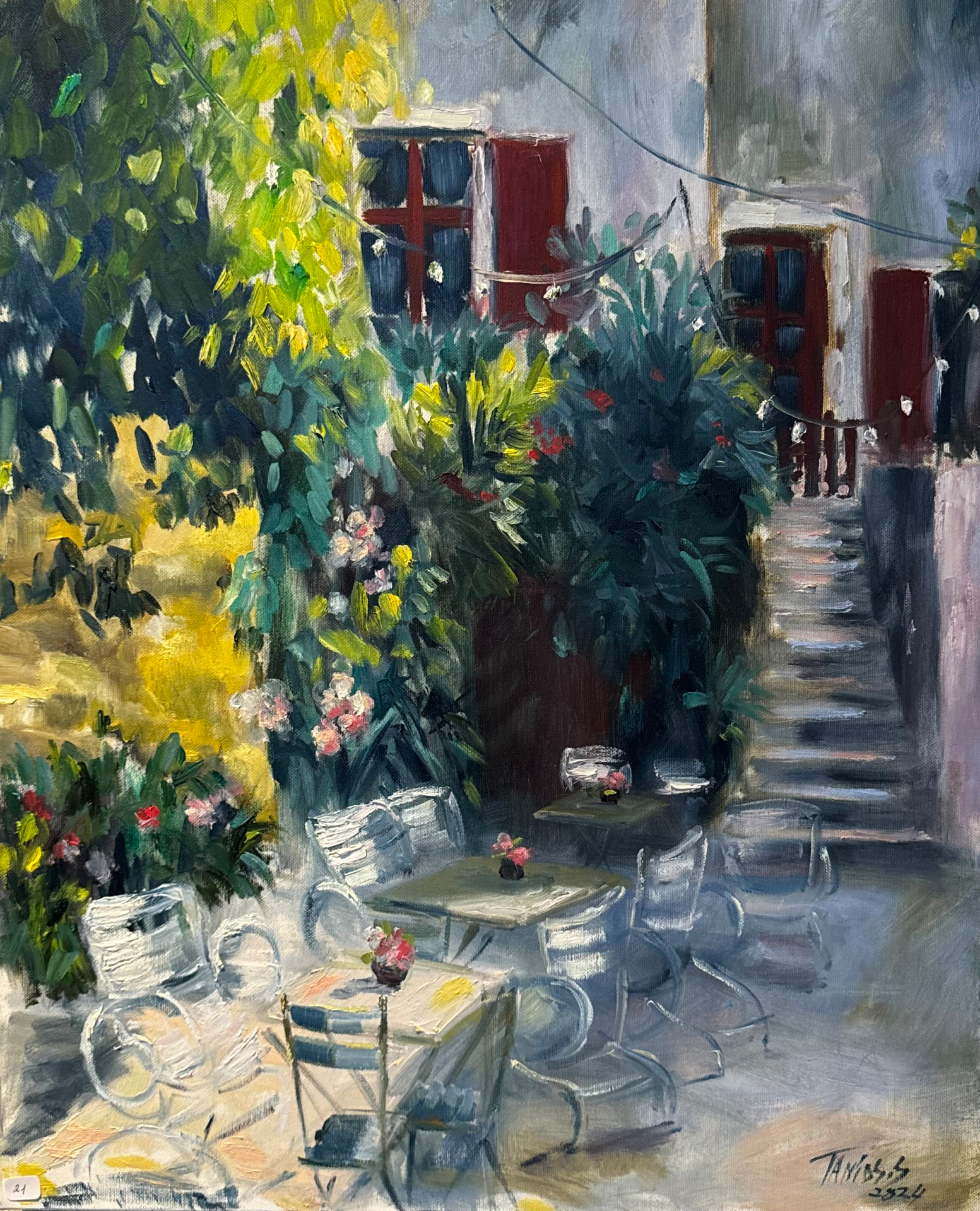 Café terrace with white chairs beneath red shutters and climbing flowers, oil on canvas by Sonya Tanios