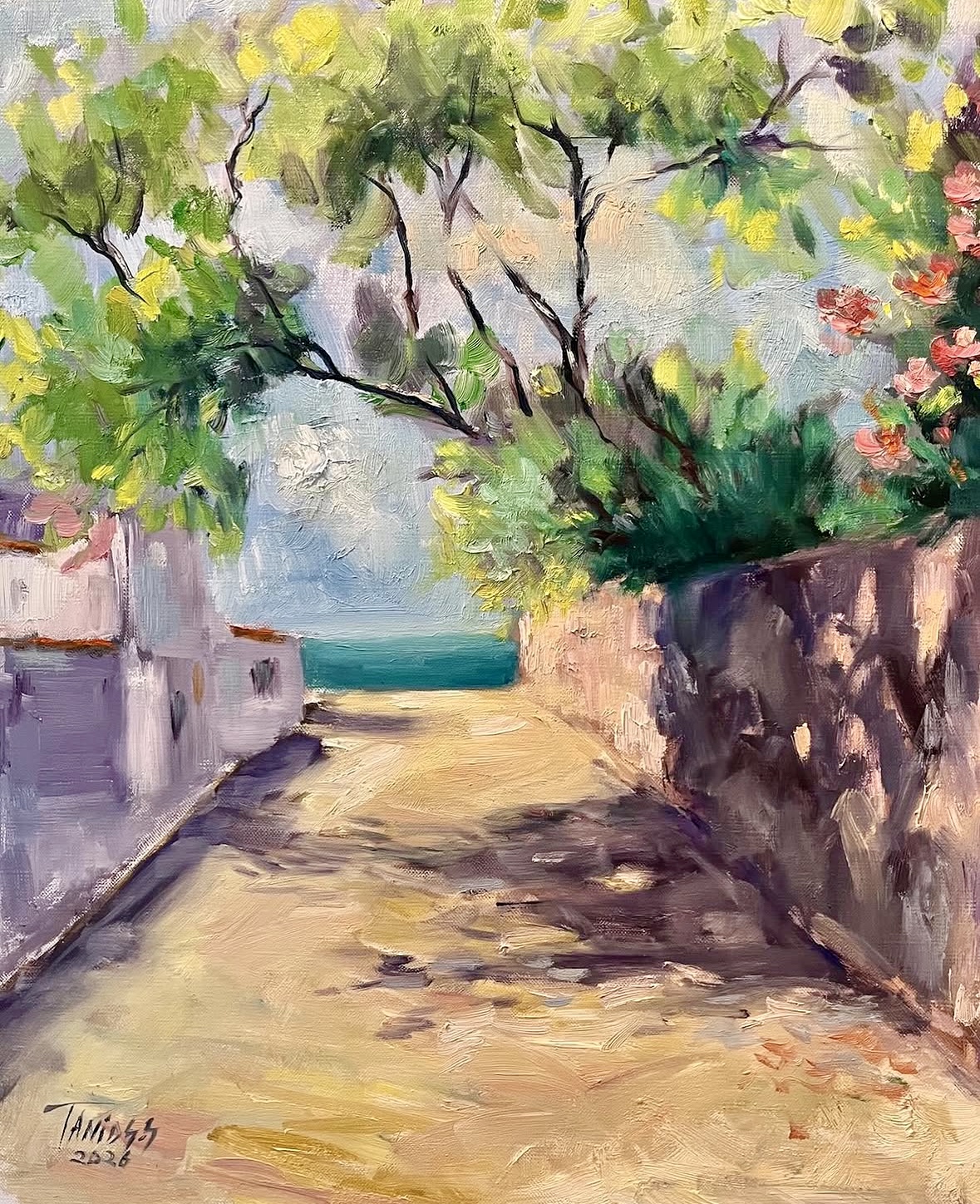 Village lane descending toward the sea under green branches, oil on canvas by Sonya Tanios