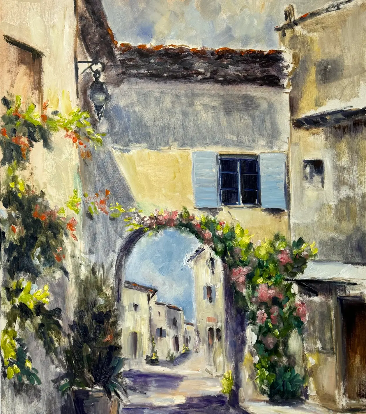 Provençal village lane with flowered arch and blue shutters, oil on canvas by Sonya Tanios