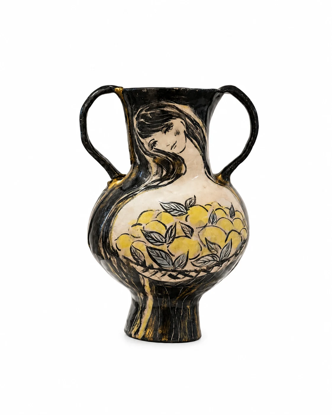 Vase aux citrons — amphore en terre cuite émaillée noire et ivoire, profil de femme et panier de citrons, par Sonya Tanios