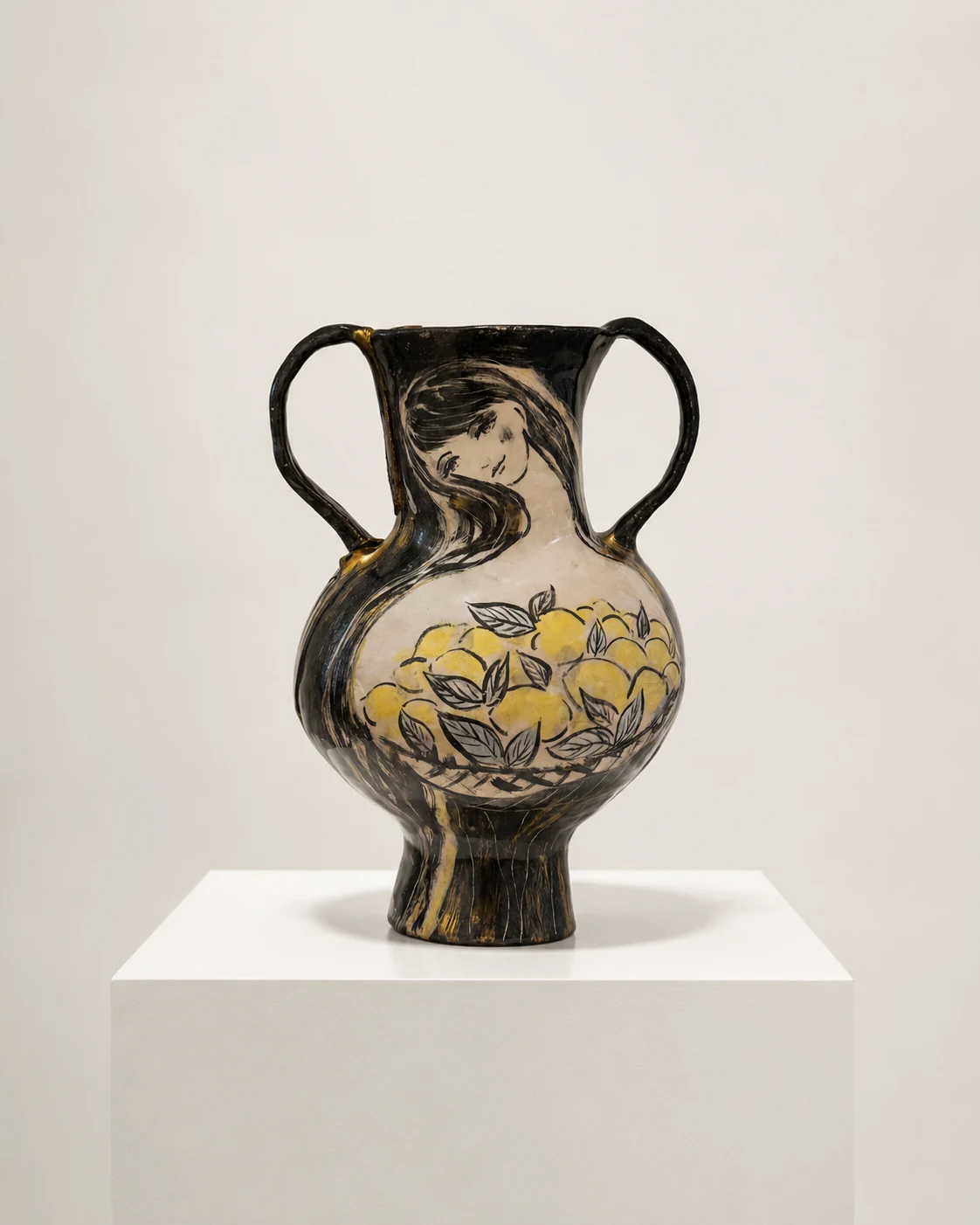 Vase aux citrons présenté sur un socle blanc en galerie
