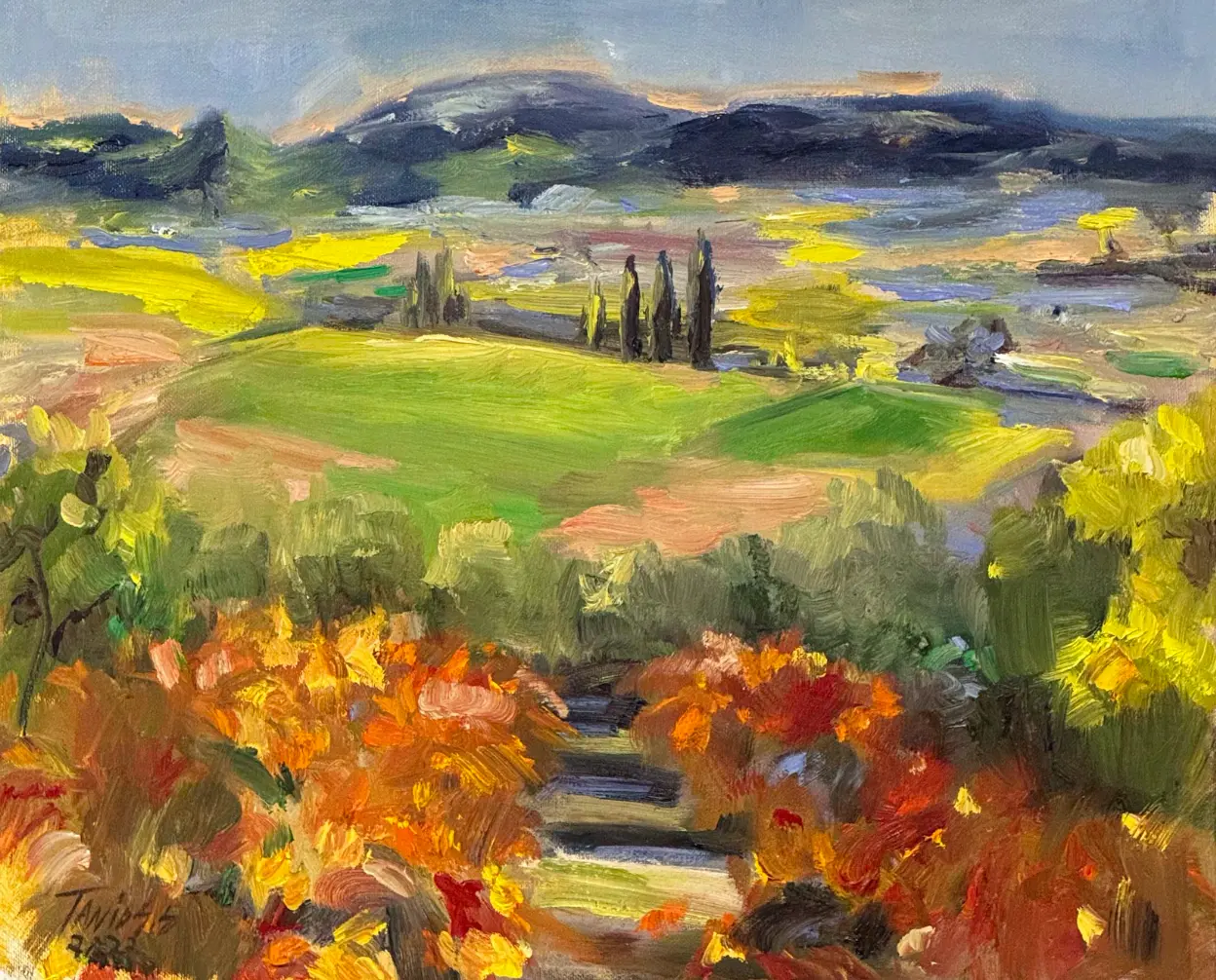 Autumn valley landscape with orange foliage and green fields, oil on canvas by Sonya Tanios