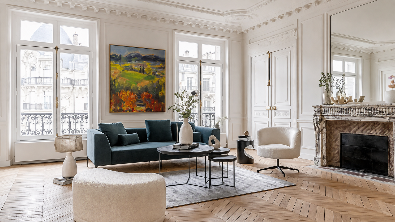 Painting hung in a Haussmann living room