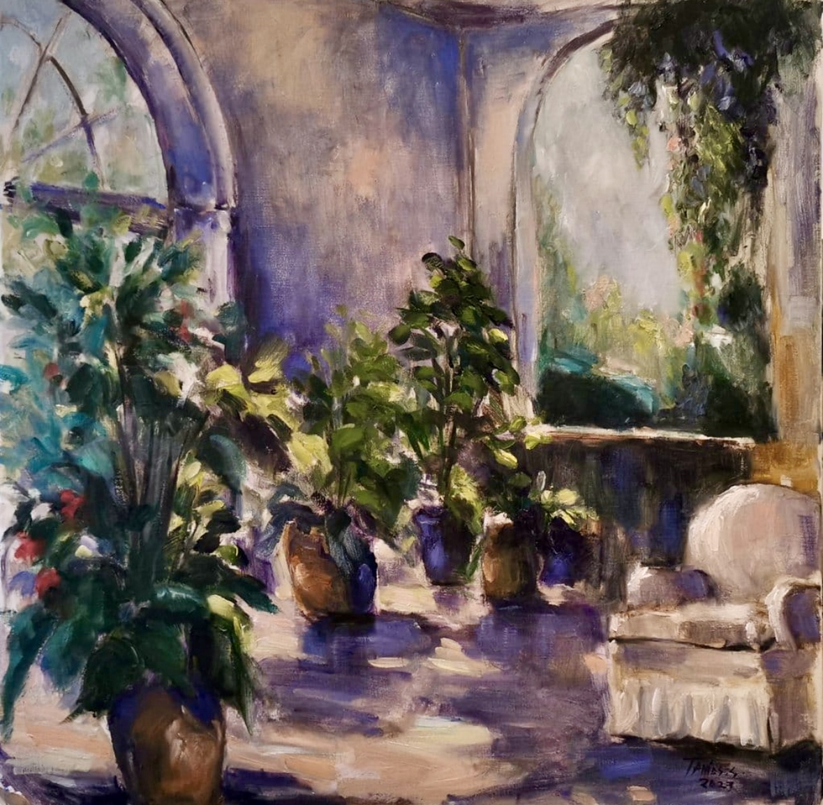 Interior with potted plants under arched windows and violet shadows, oil on canvas by Sonya Tanios